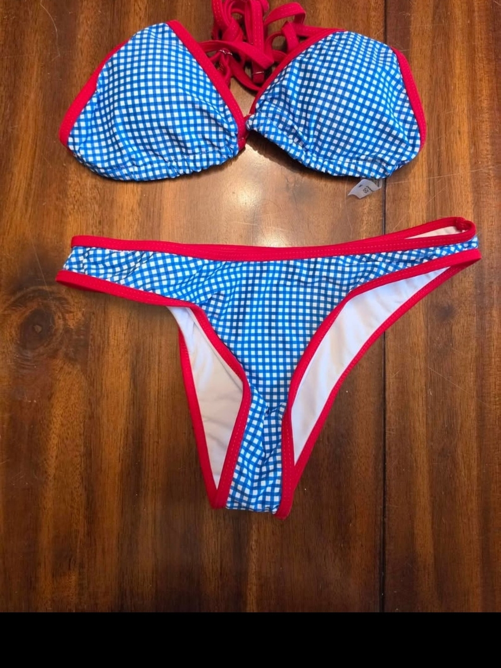 Blue Gingham Bikini with Red Trim